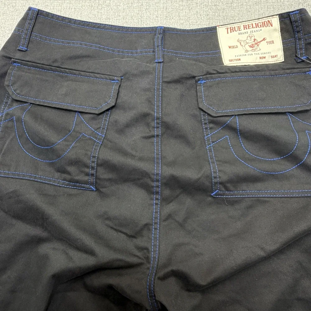 True Religion Mens Cargo Pants Black Pacific Blue Contrast Stitch Size 34 NEW